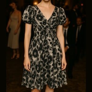 Abstract Mini Dress Sweetheart Neckline Puff Sleeves A-line Empire Waist